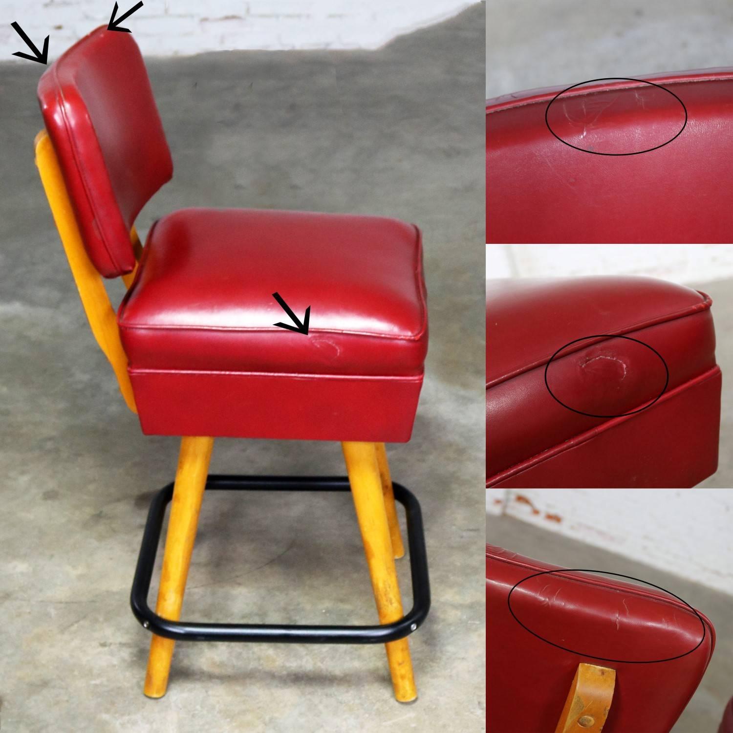 Pair of Midcentury Red Vinyl and Blonde Counter Height Bistro Bar Stools by WCI 5