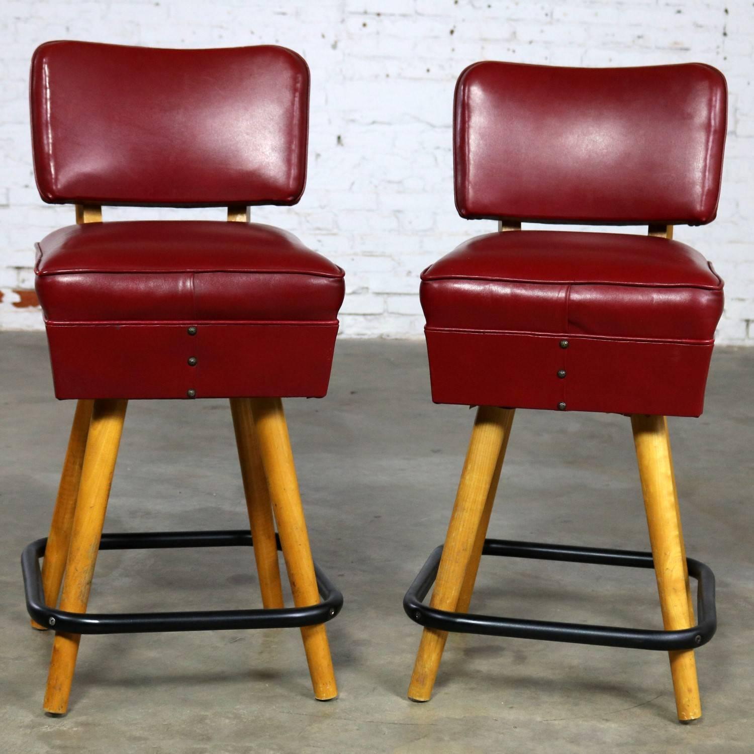 Mid-Century Modern Pair of Midcentury Red Vinyl and Blonde Counter Height Bistro Bar Stools by WCI