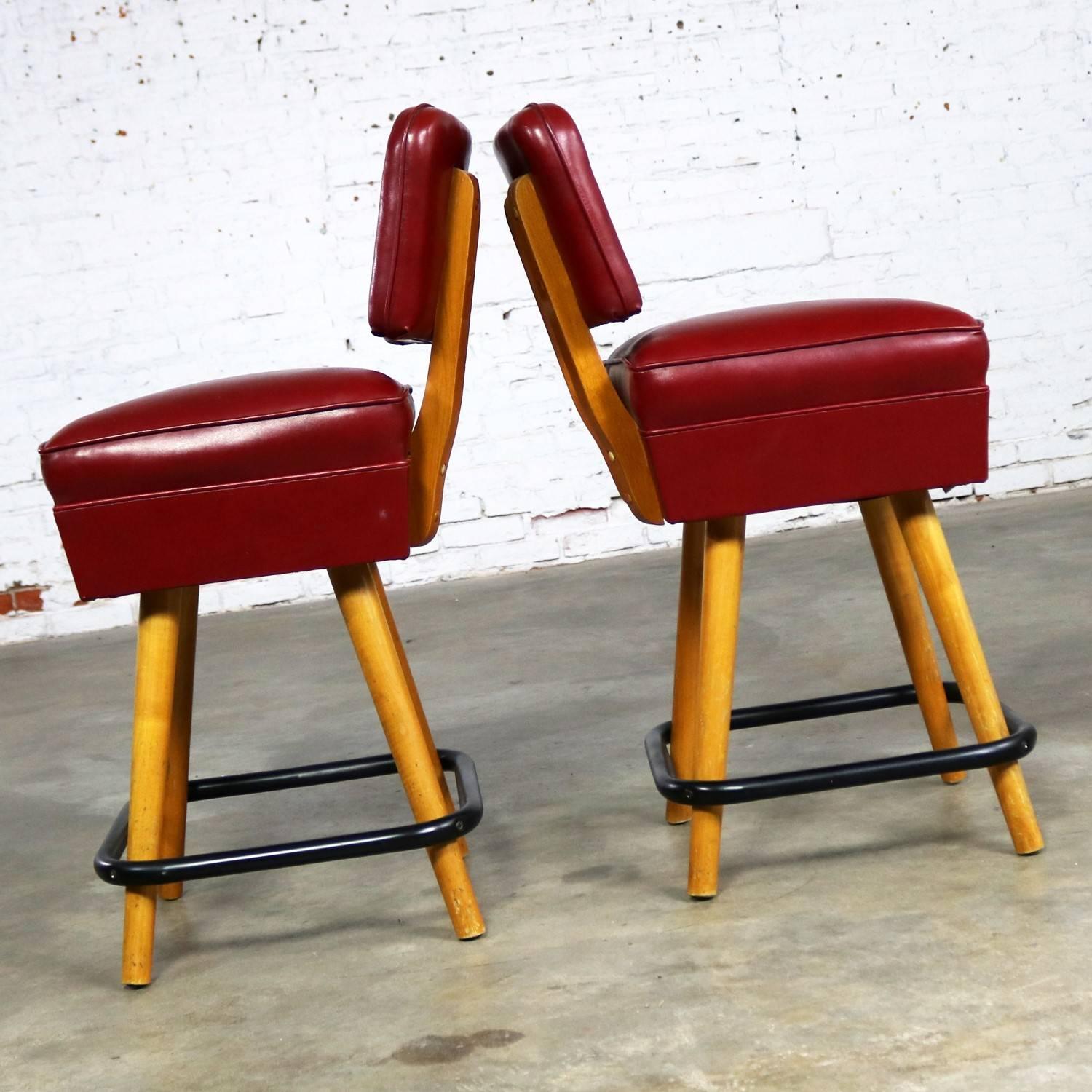 American Pair of Midcentury Red Vinyl and Blonde Counter Height Bistro Bar Stools by WCI