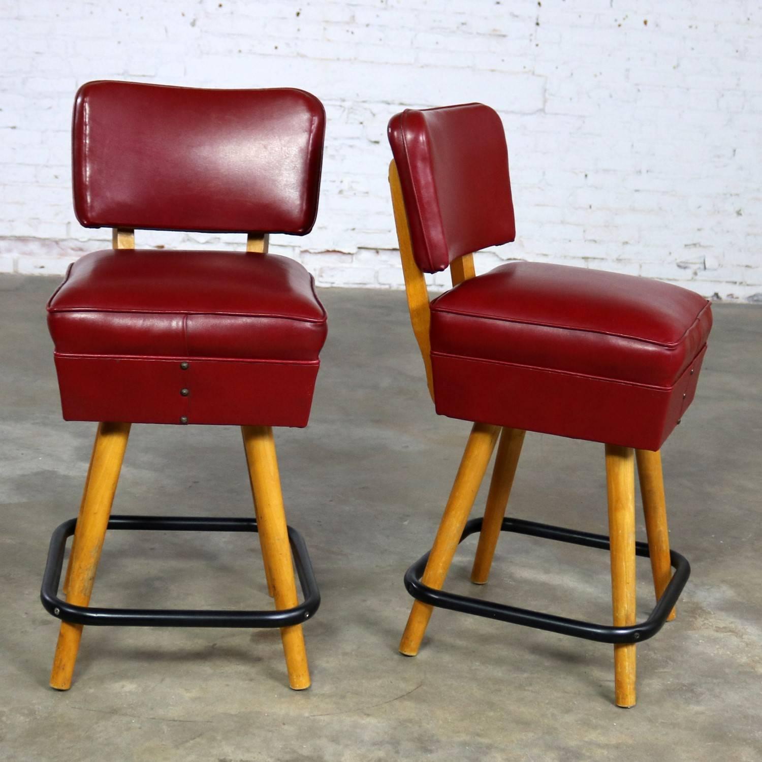 Metal Pair of Midcentury Red Vinyl and Blonde Counter Height Bistro Bar Stools by WCI