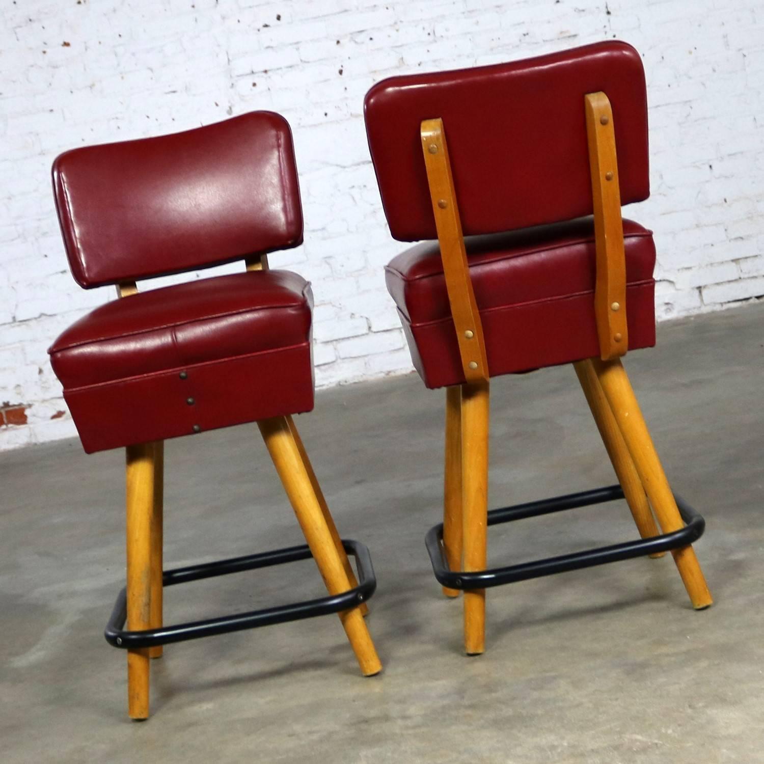 Pair of Midcentury Red Vinyl and Blonde Counter Height Bistro Bar Stools by WCI 1