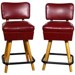 Pair of Midcentury Red Vinyl and Blonde Counter Height Bistro Bar Stools by WCI