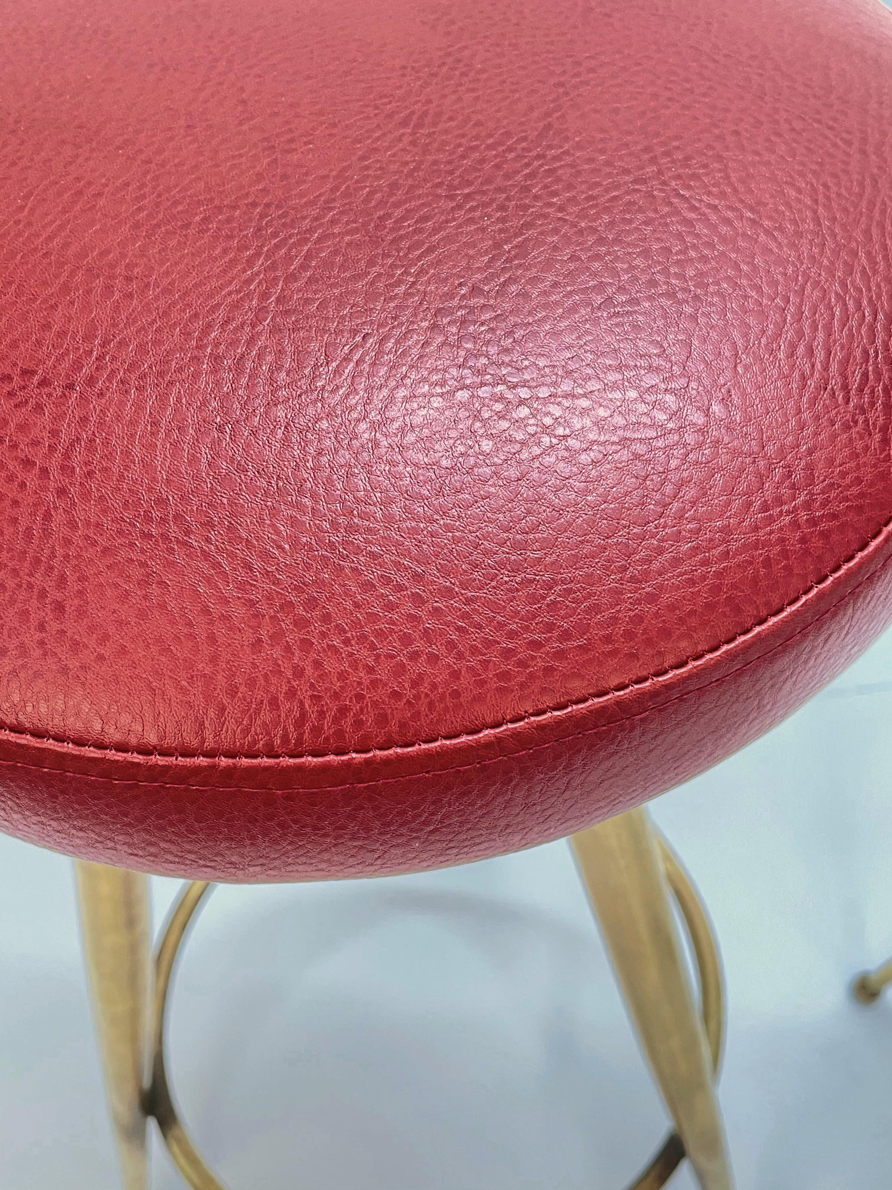 Pair of Midcentury Red Vinyl and Brass Tripod Italian Bar Stools, 1950s 12