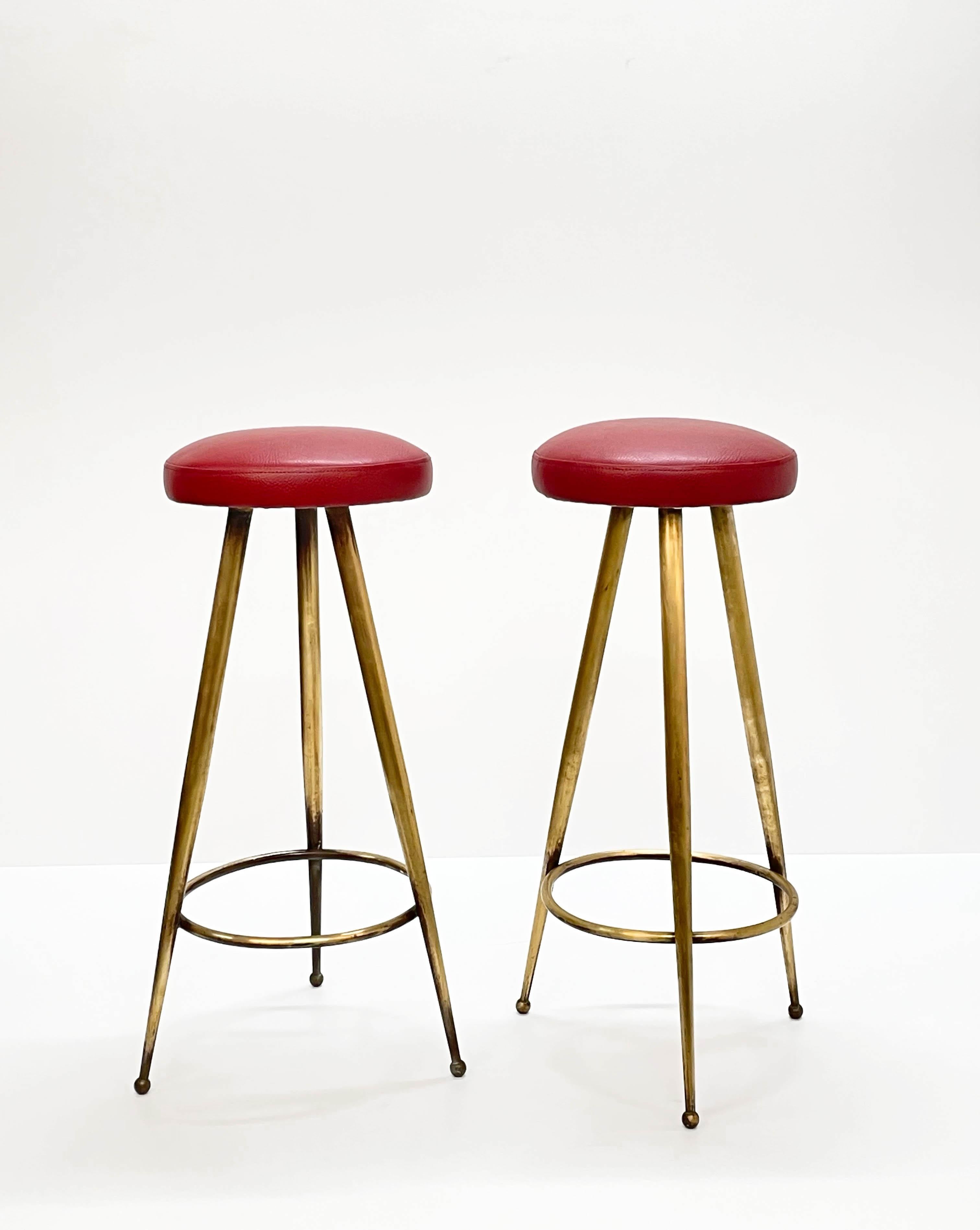 Mid-Century Modern Pair of Midcentury Red Vinyl and Brass Tripod Italian Bar Stools, 1950s