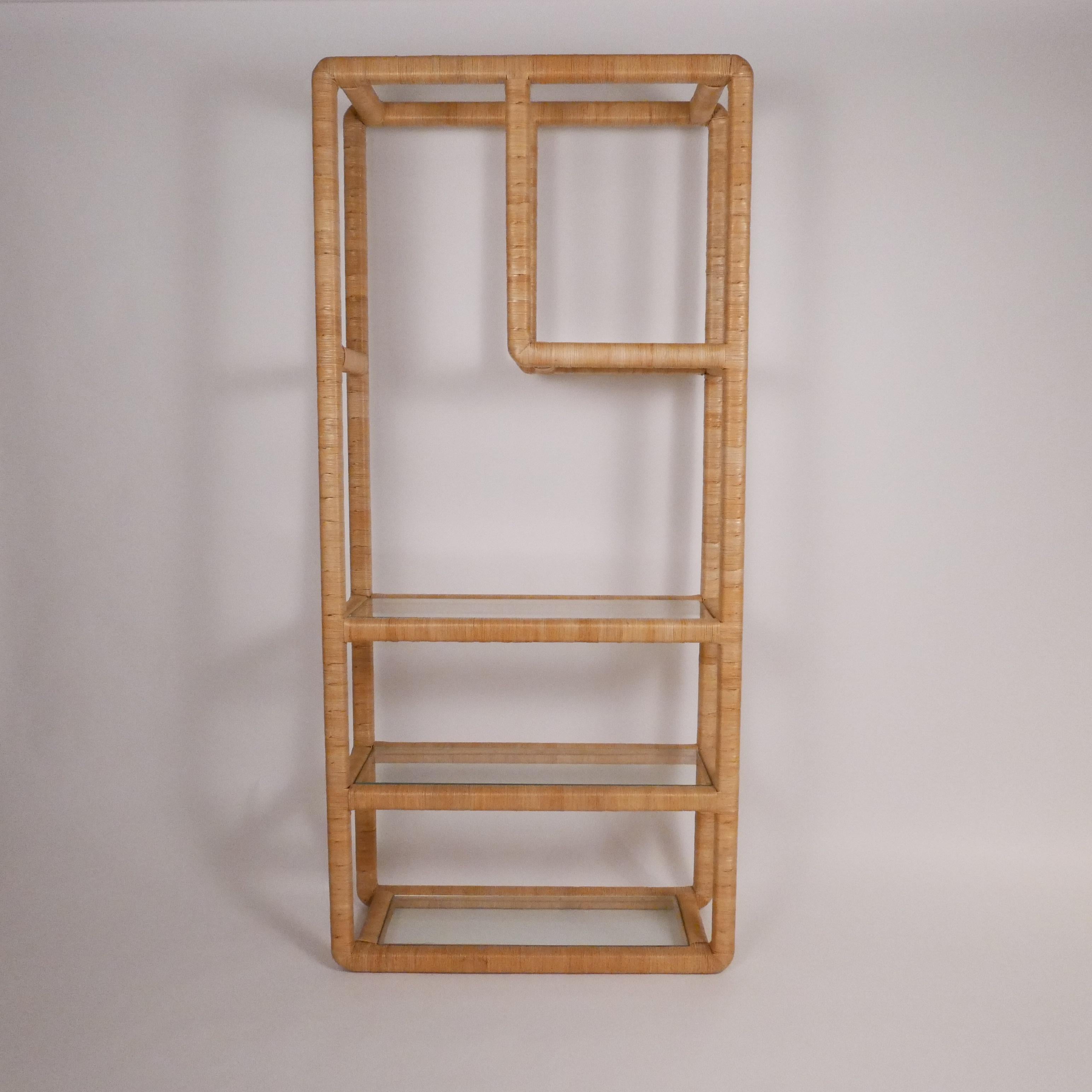 Wicker Pair Midcentury Regency Rattan Cane and Glass Shelving Units- Priced per piece