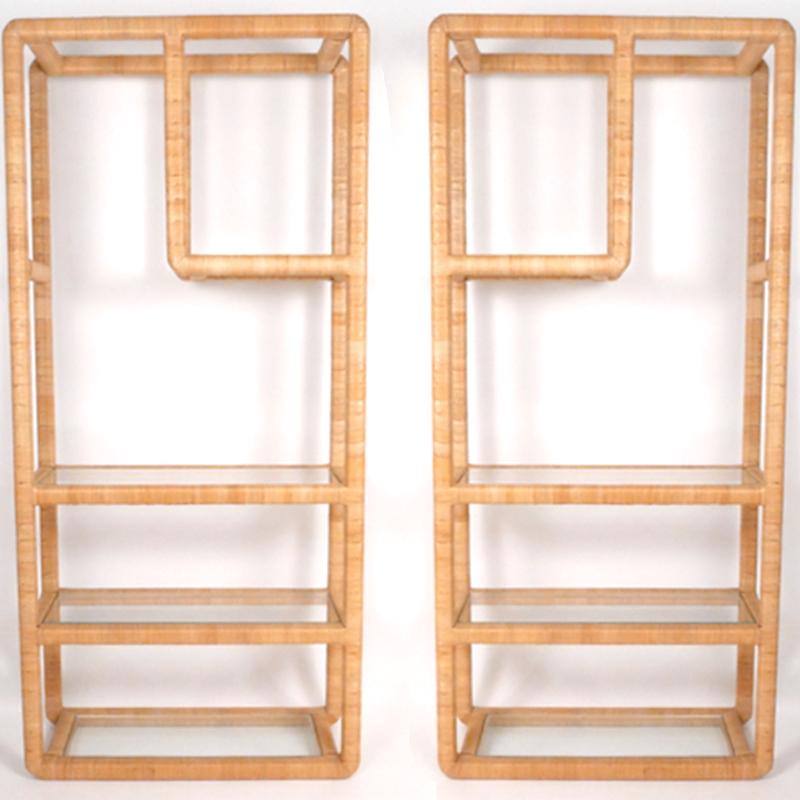 Really great solidly built pair of rattan wrapped shelving units which can either mirror one another if desired. The front and back are the same so they can be rotated. Amazing and light pair of shelving can be pushed together to appear as one large