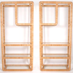 Pair Midcentury Regency Rattan Cane and Glass Shelving Units- Priced per piece
