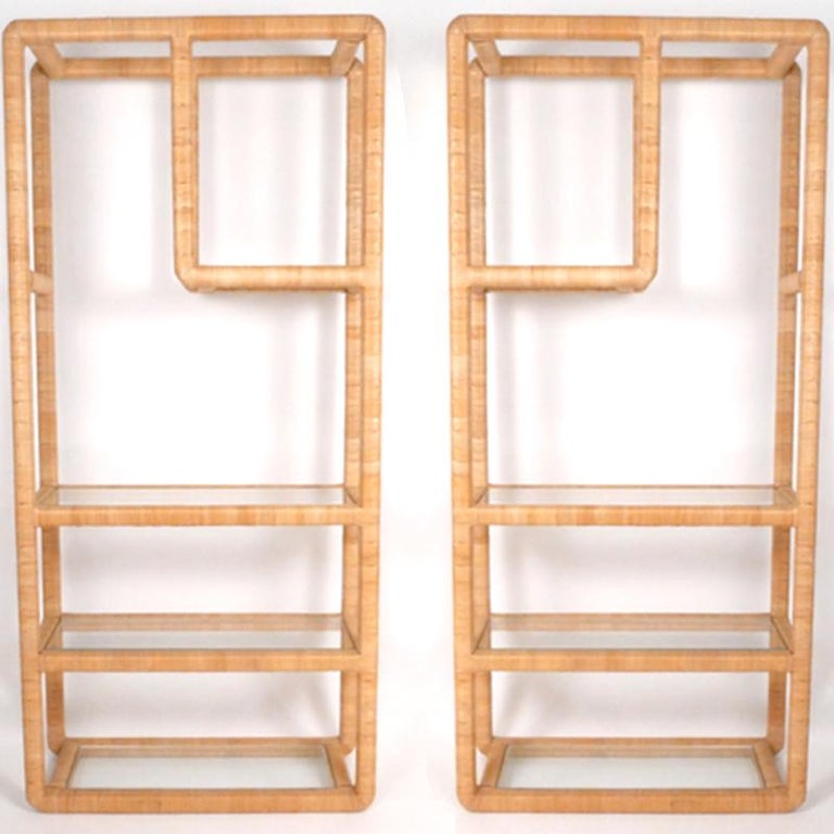 Pair of Midcentury Regency Rattan Cane and Glass Shelving Units Milo