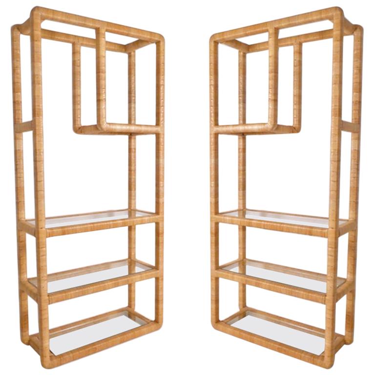 Pair Midcentury Regency Rattan Cane and Glass Shelving Units- Priced per piece