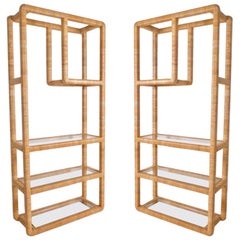 Pair Midcentury Regency Rattan Cane and Glass Shelving Units- Priced per piece