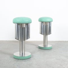 Pair of Midcentury Rocket Stools from Aluminum and Leather, Italy
