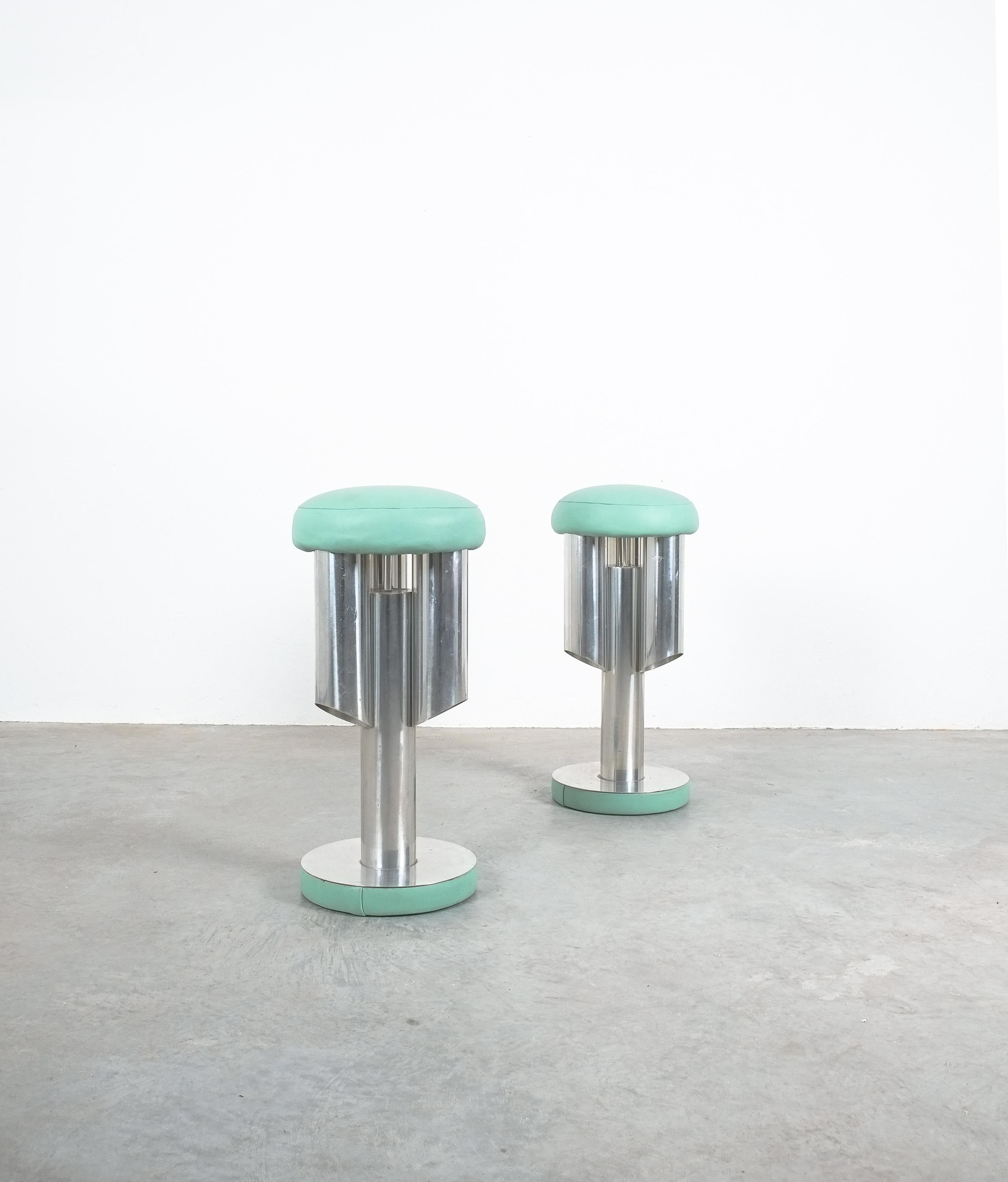 Space Age Pair of Midcentury Rocket Stools from Aluminum and Leather, Italy