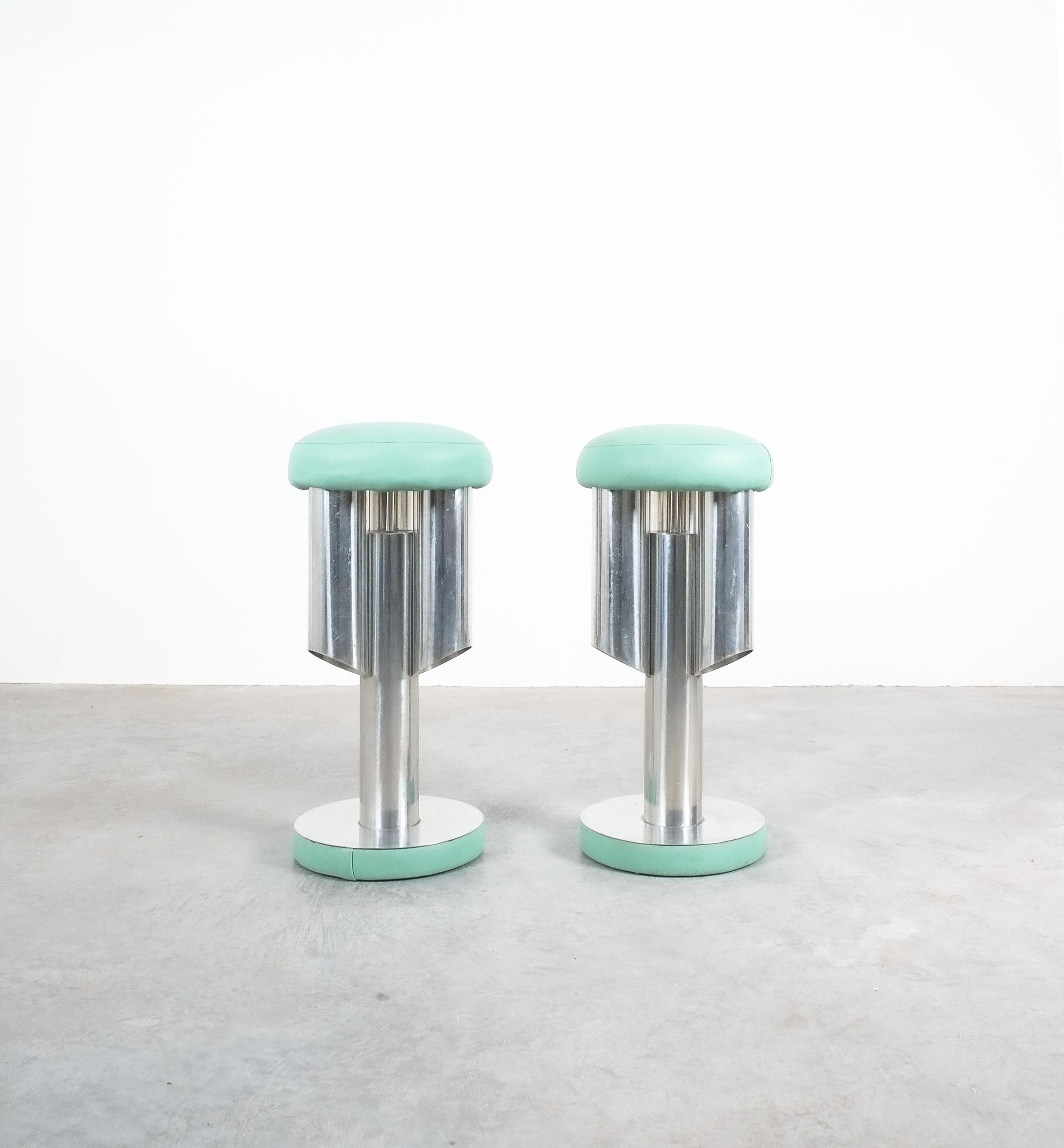 Italian Pair of Midcentury Rocket Stools from Aluminum and Leather, Italy
