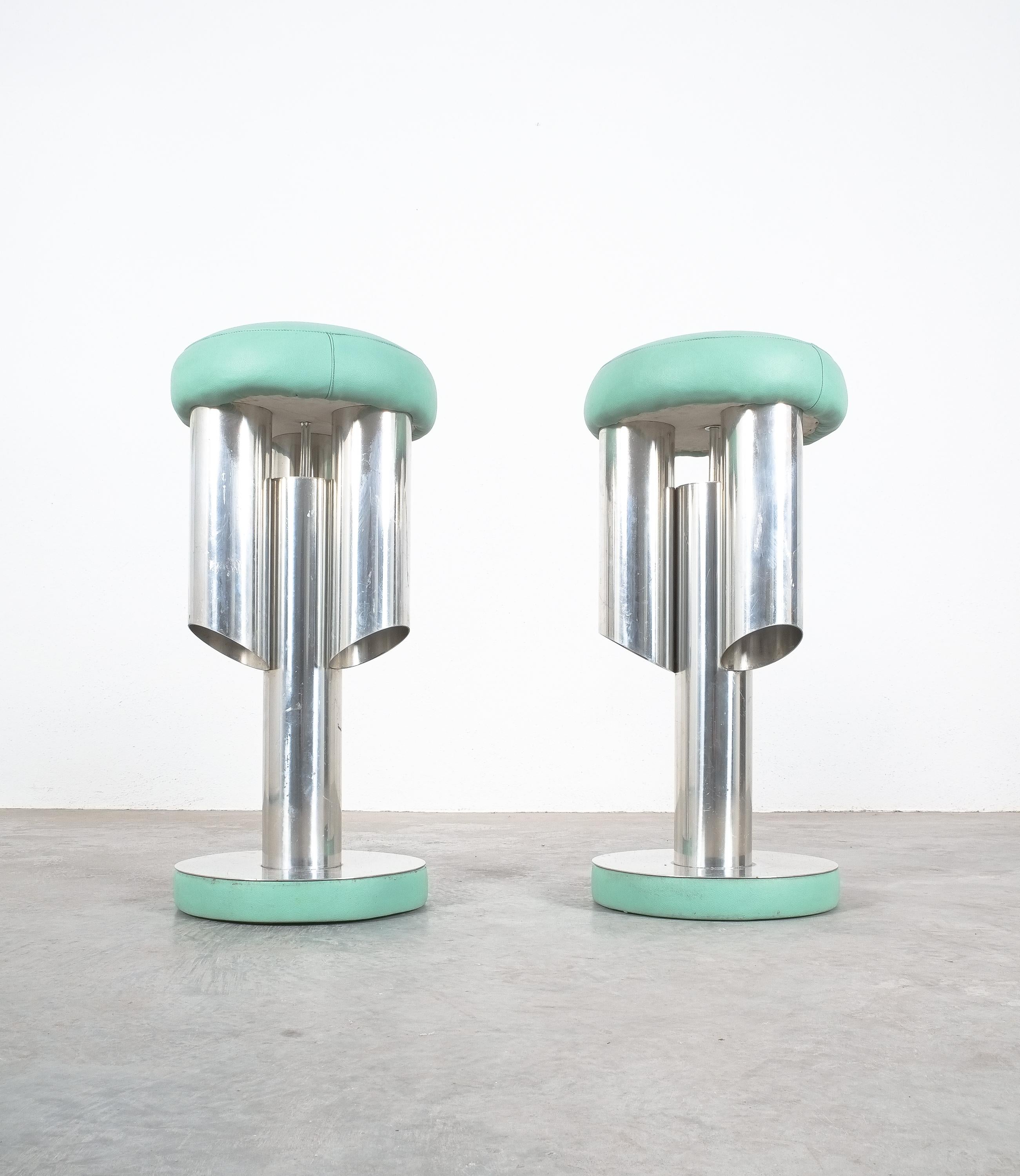 Late 20th Century Pair of Midcentury Rocket Stools from Aluminum and Leather, Italy