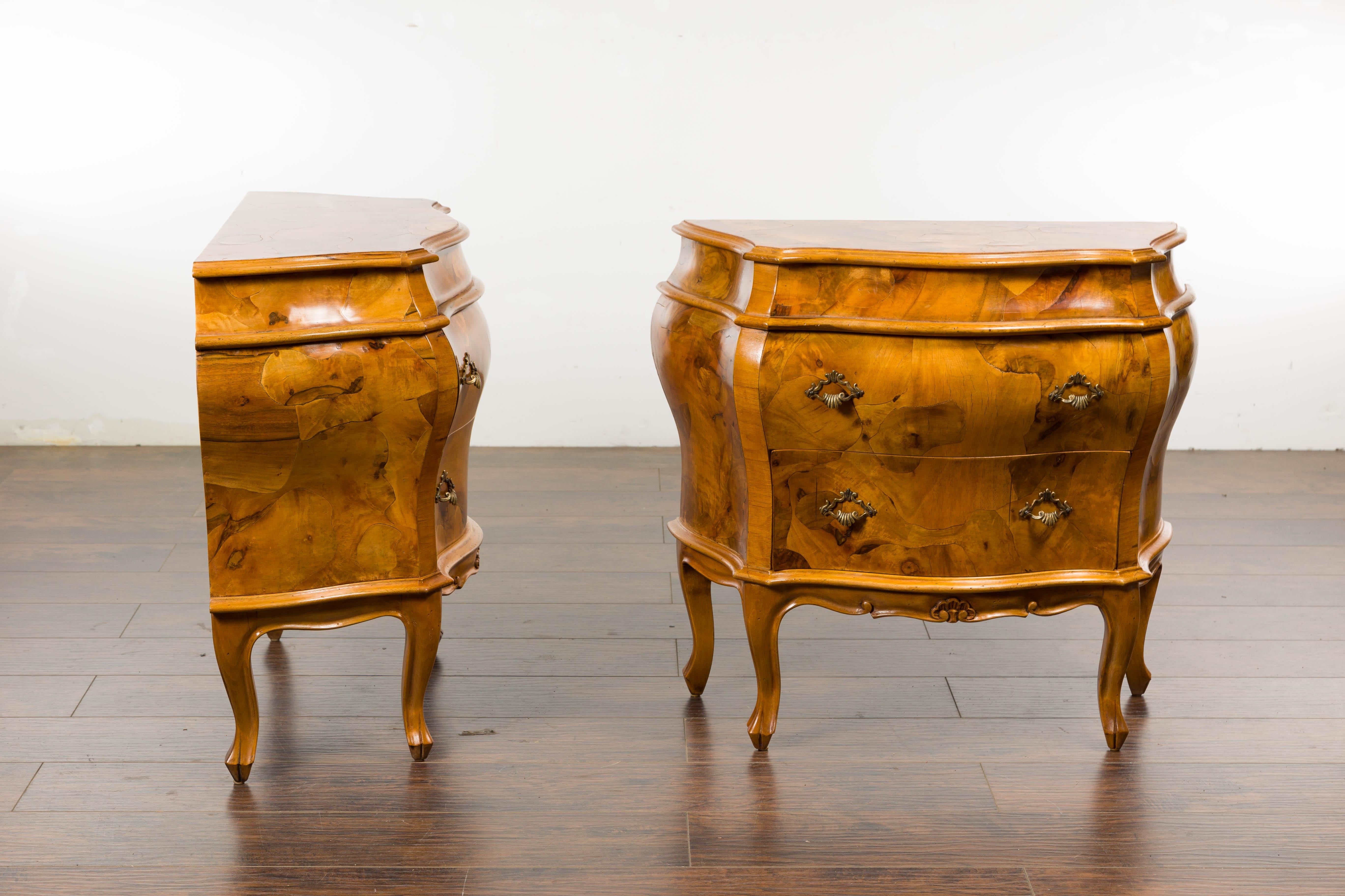 Pair of Midcentury Rococo Style Walnut Bombé Bedside Chests For Sale 8