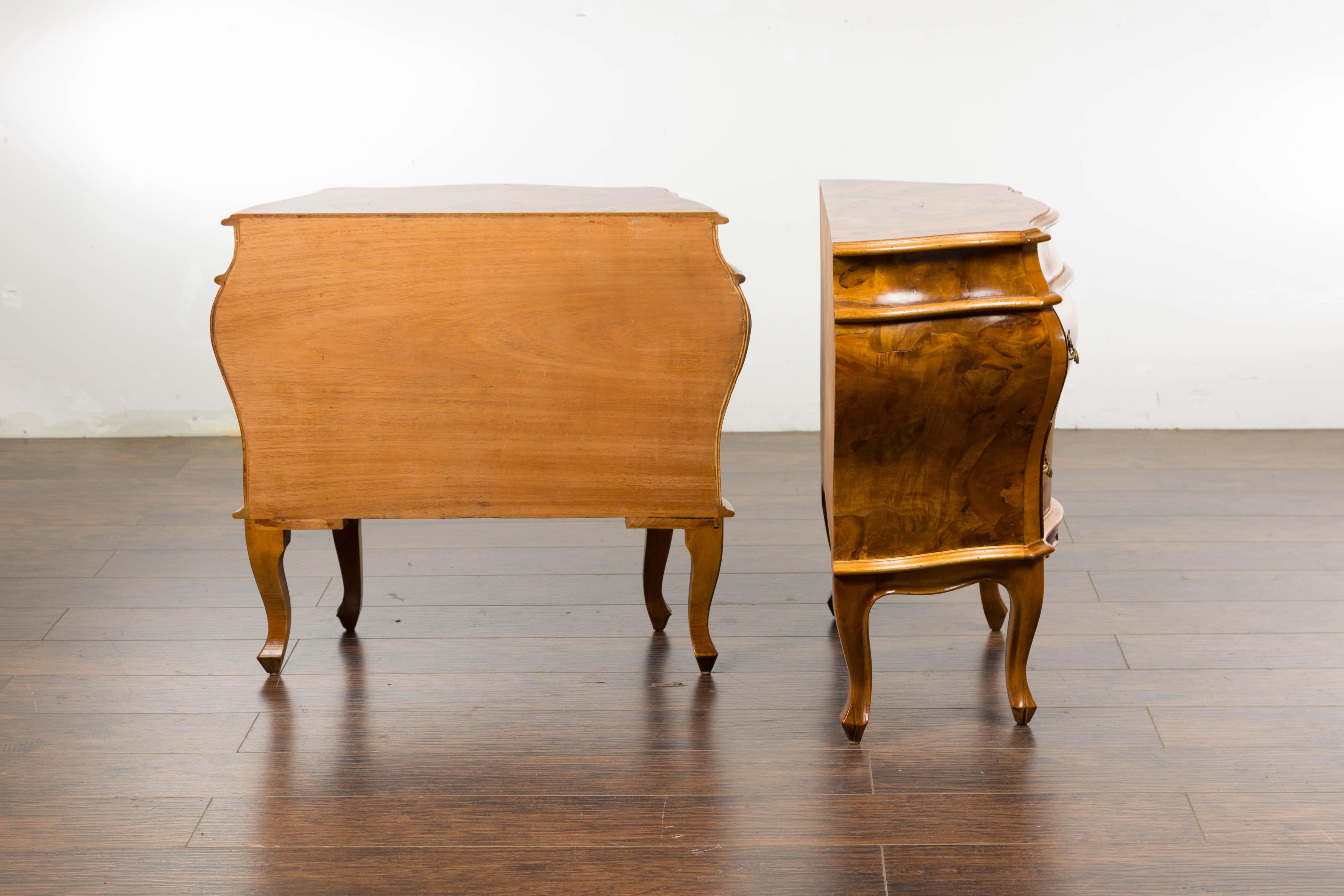 Pair of Midcentury Rococo Style Walnut Bombé Bedside Chests For Sale 9