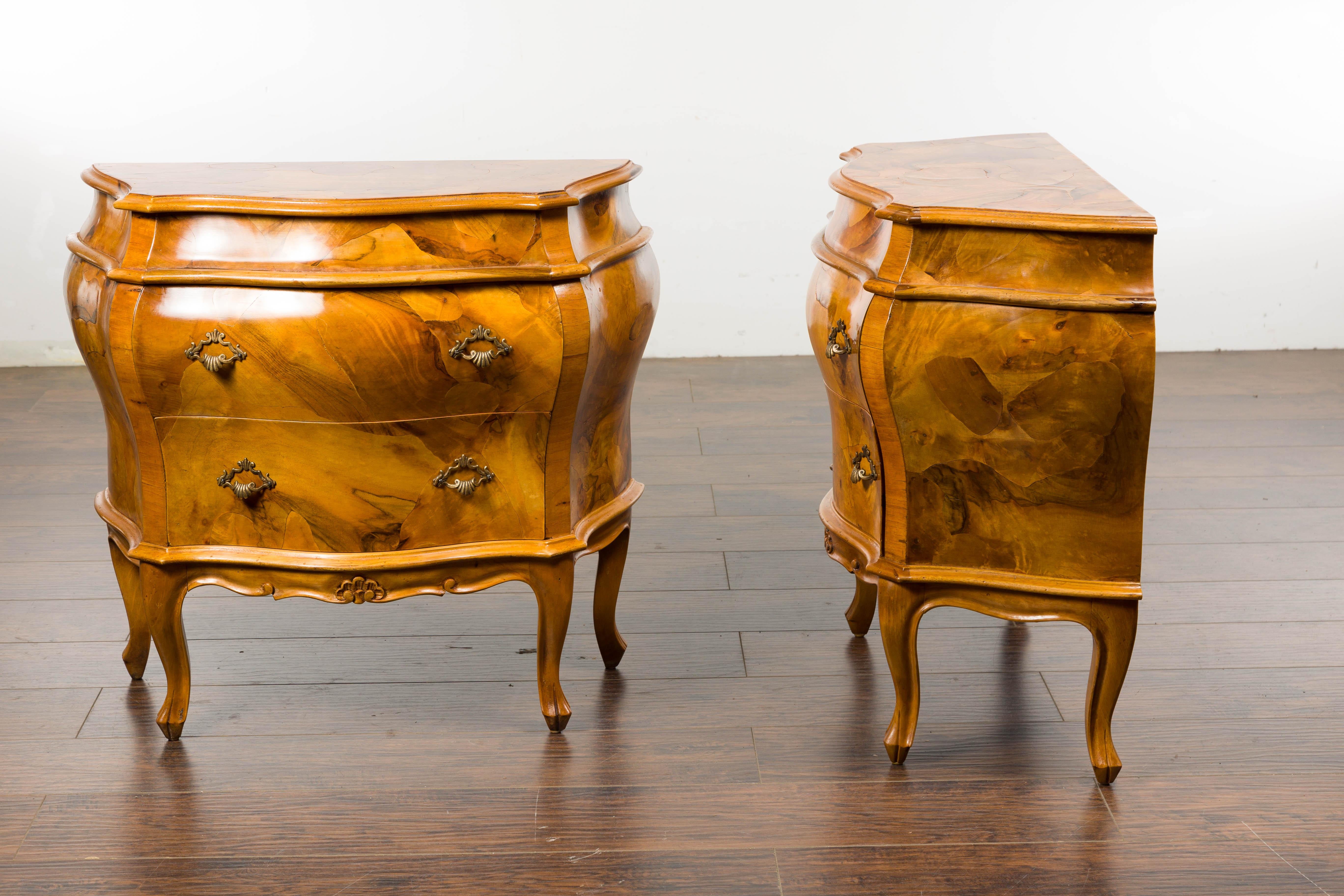 Pair of Midcentury Rococo Style Walnut Bombé Bedside Chests For Sale 11