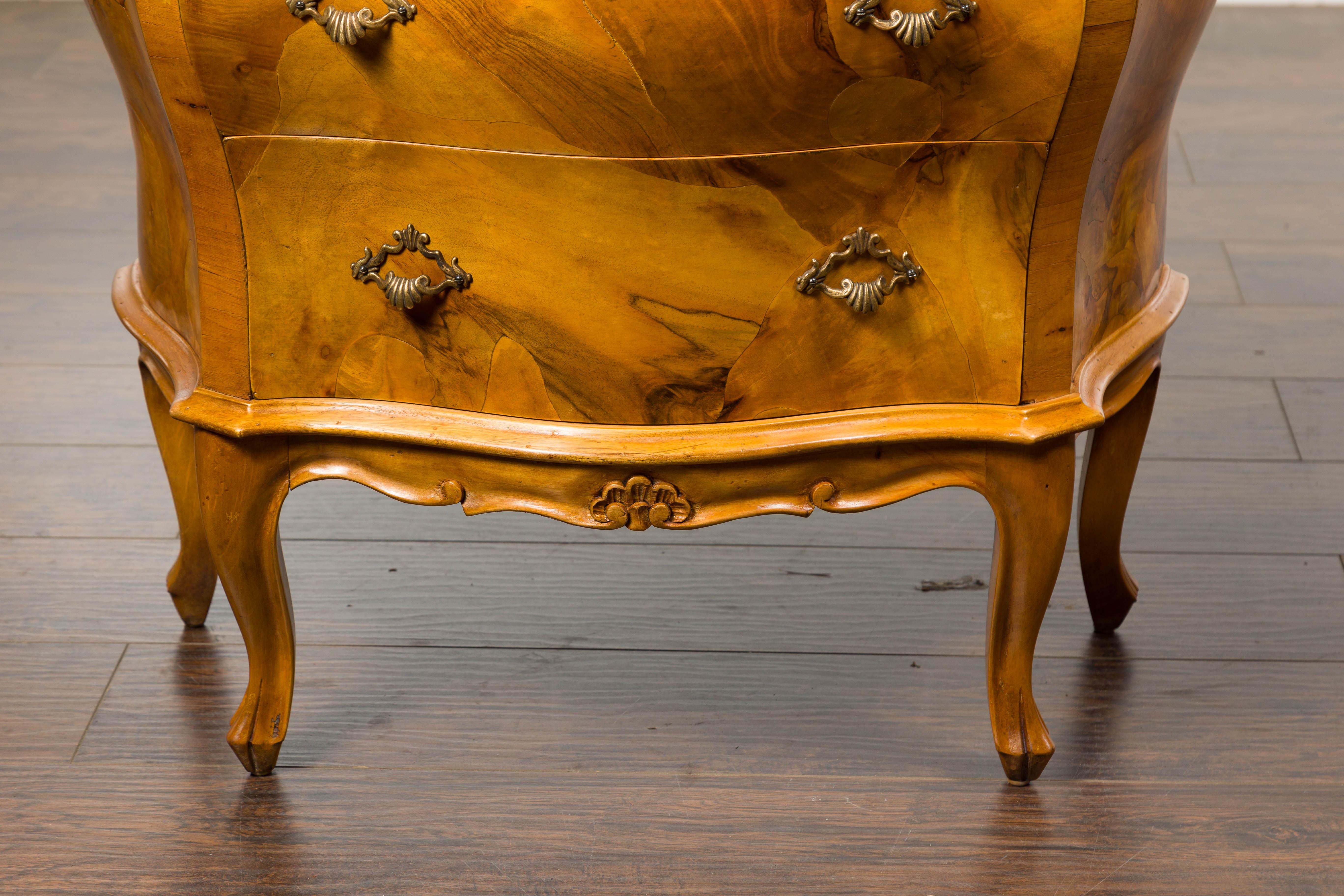 Pair of Midcentury Rococo Style Walnut Bombé Bedside Chests For Sale 12
