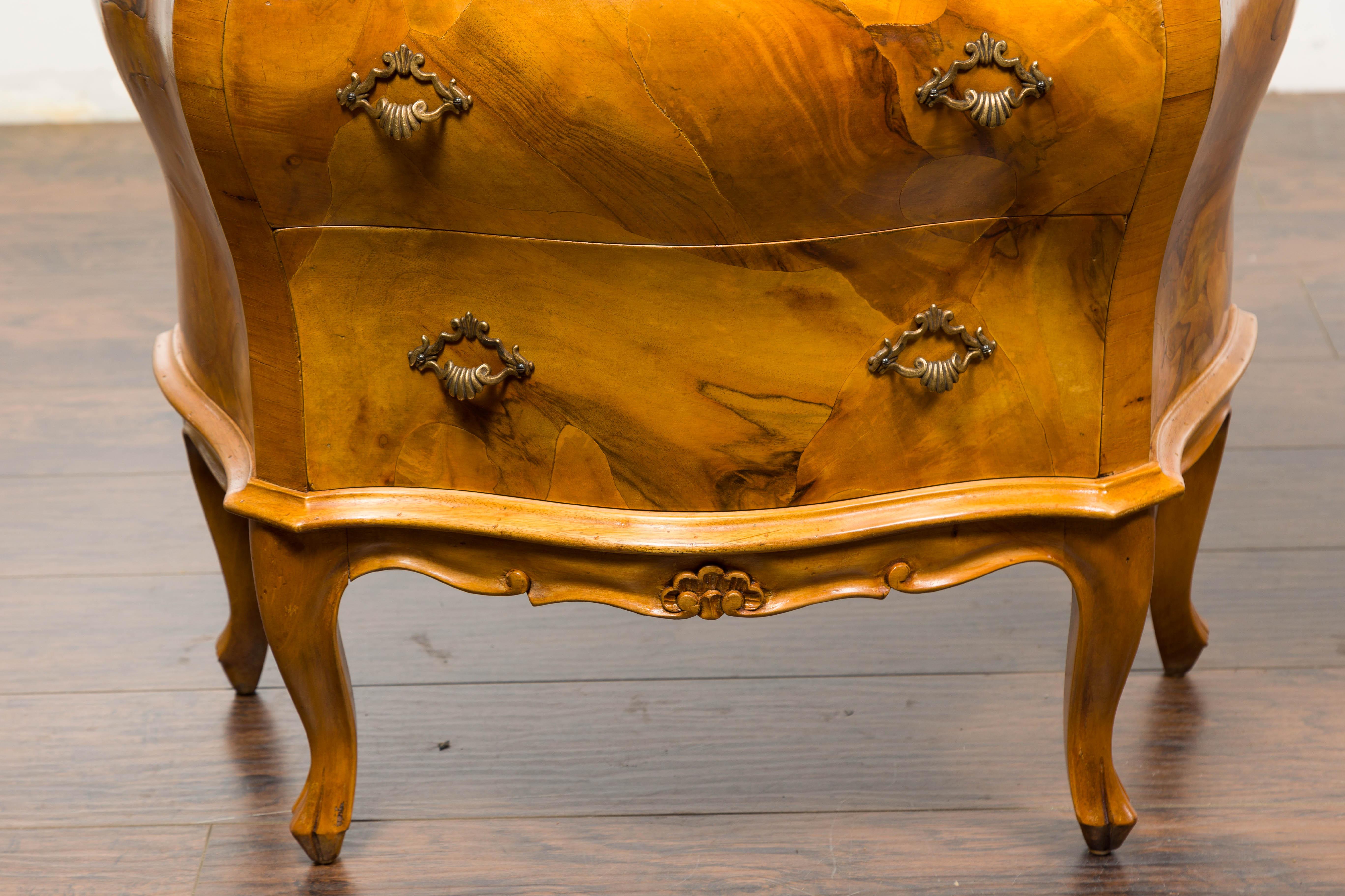 Pair of Midcentury Rococo Style Walnut Bombé Bedside Chests For Sale 1