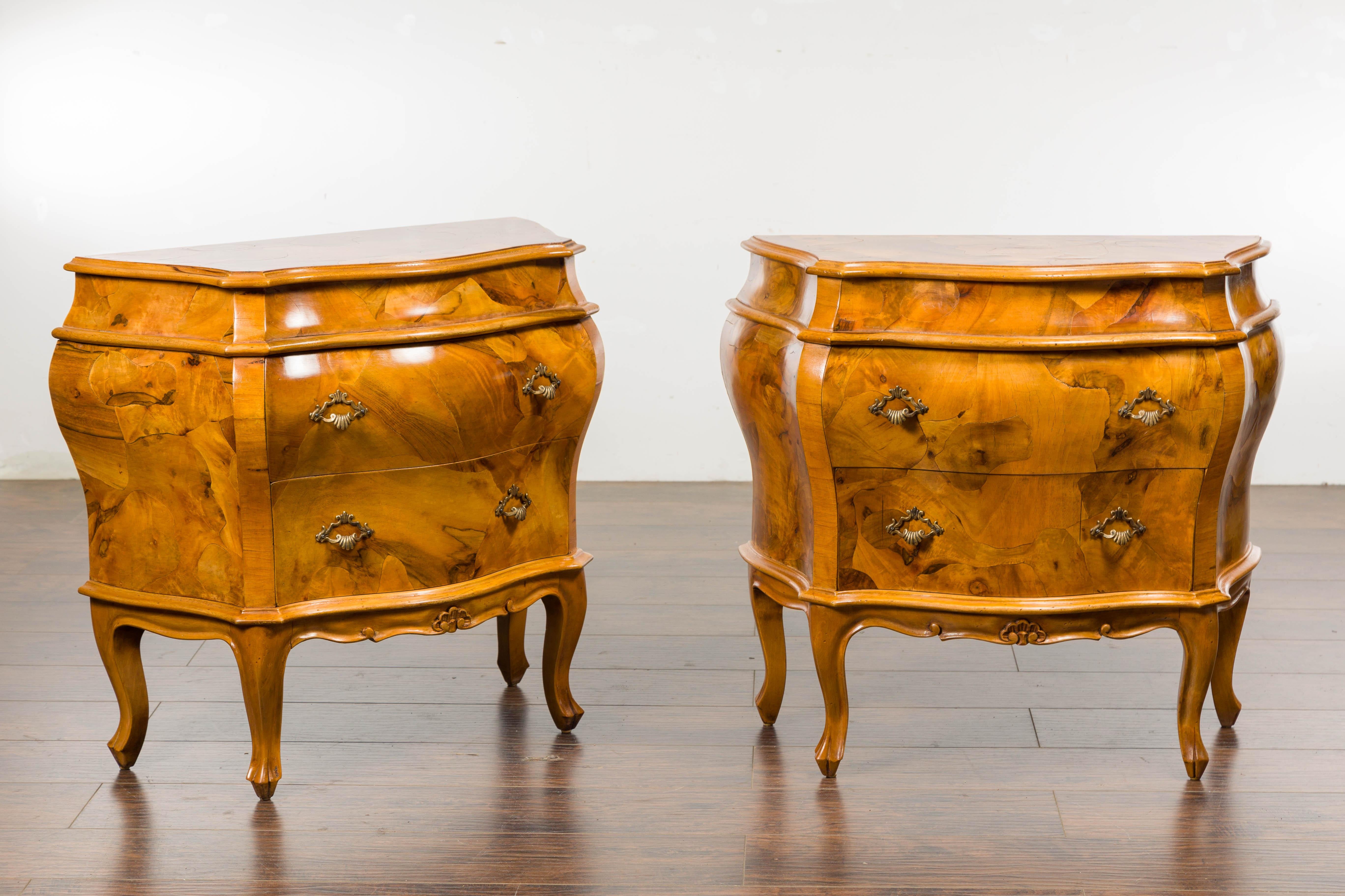 Pair of Midcentury Rococo Style Walnut Bombé Bedside Chests For Sale 3