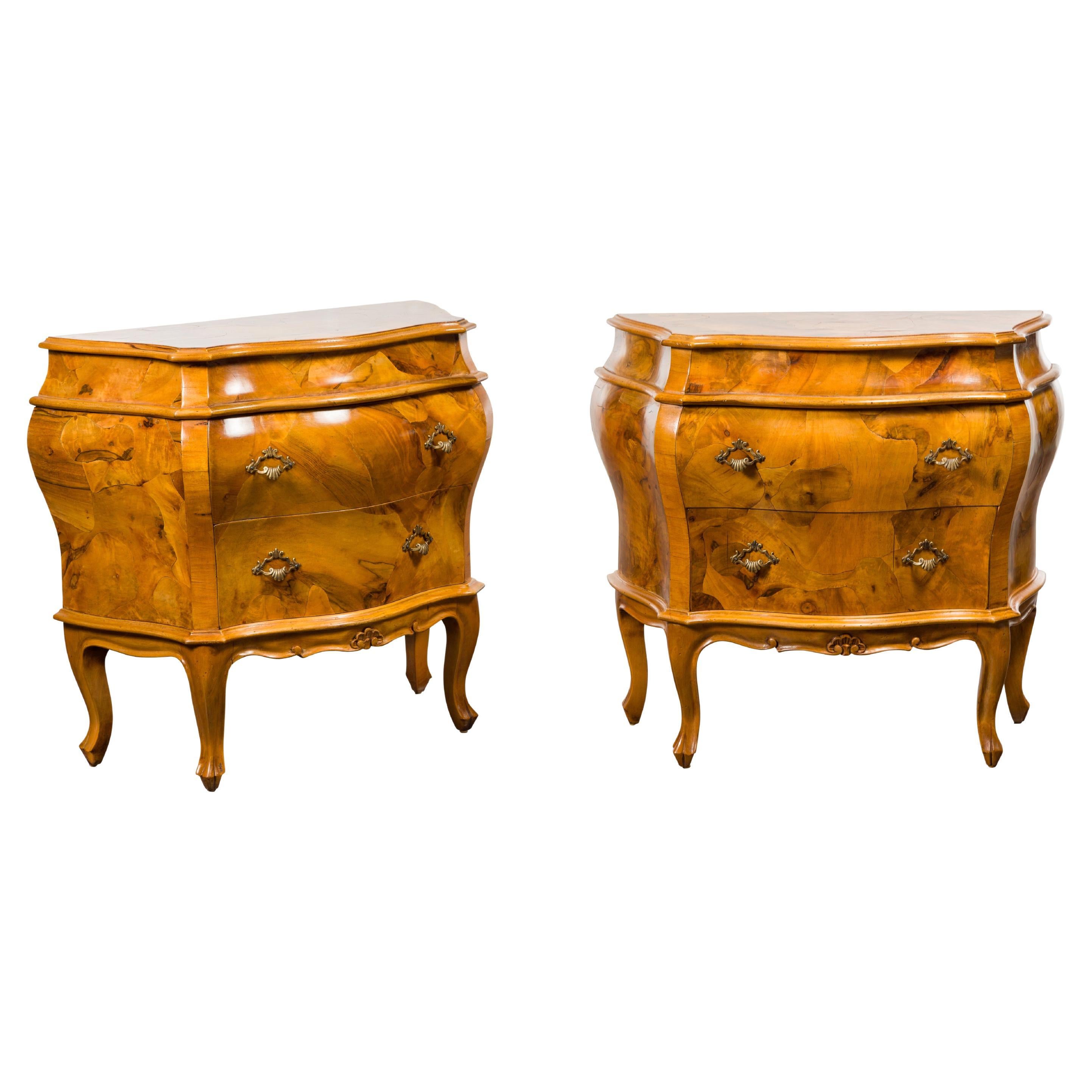 Pair of Midcentury Rococo Style Walnut Bombé Bedside Chests For Sale