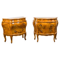 Vintage Pair of Midcentury Rococo Style Walnut Bombé Bedside Chests