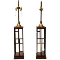 Pair of Midcentury Rosewood and Brass Chinoiserie Lamps