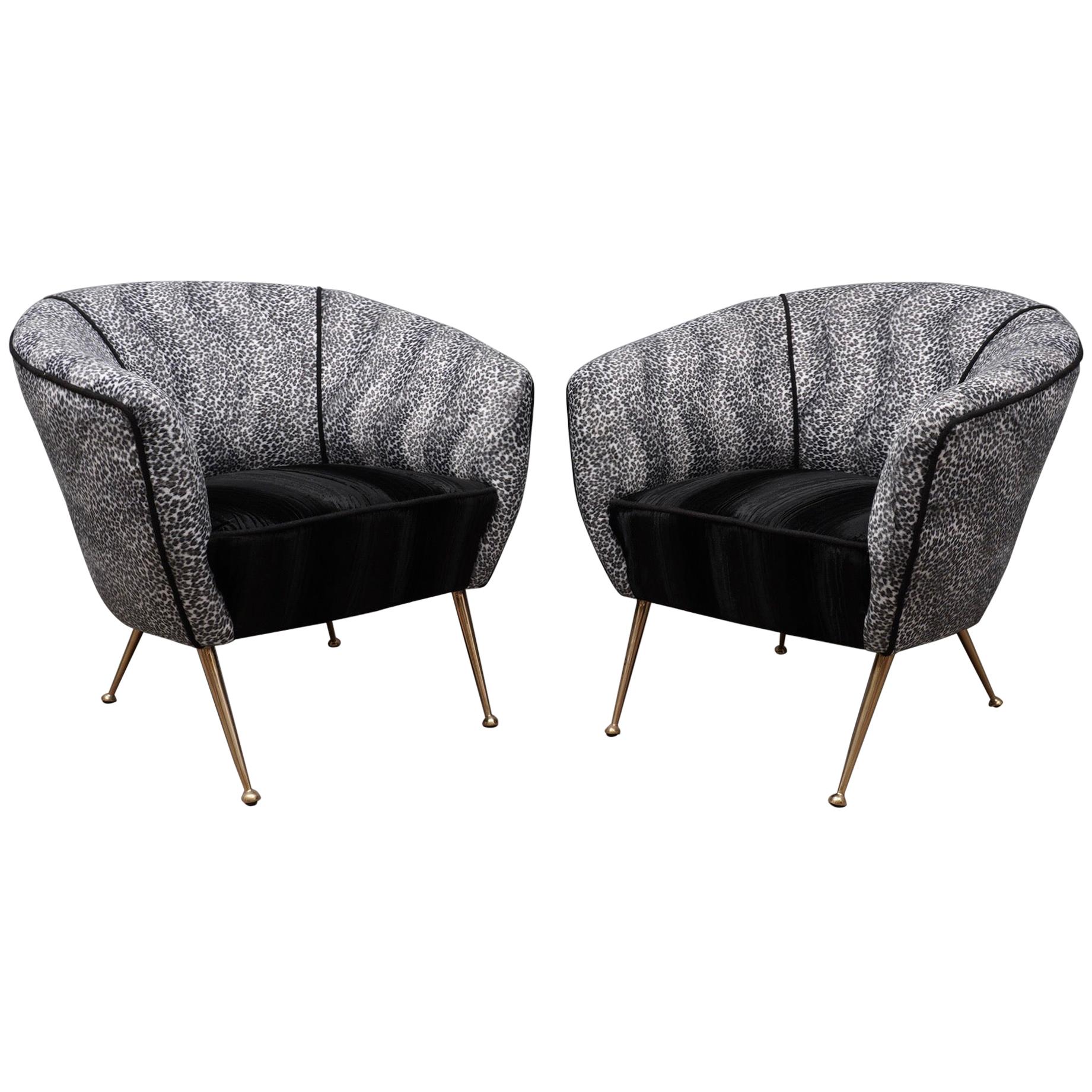 Pair of Leather and Velvet Armchairs at 1stdibs
