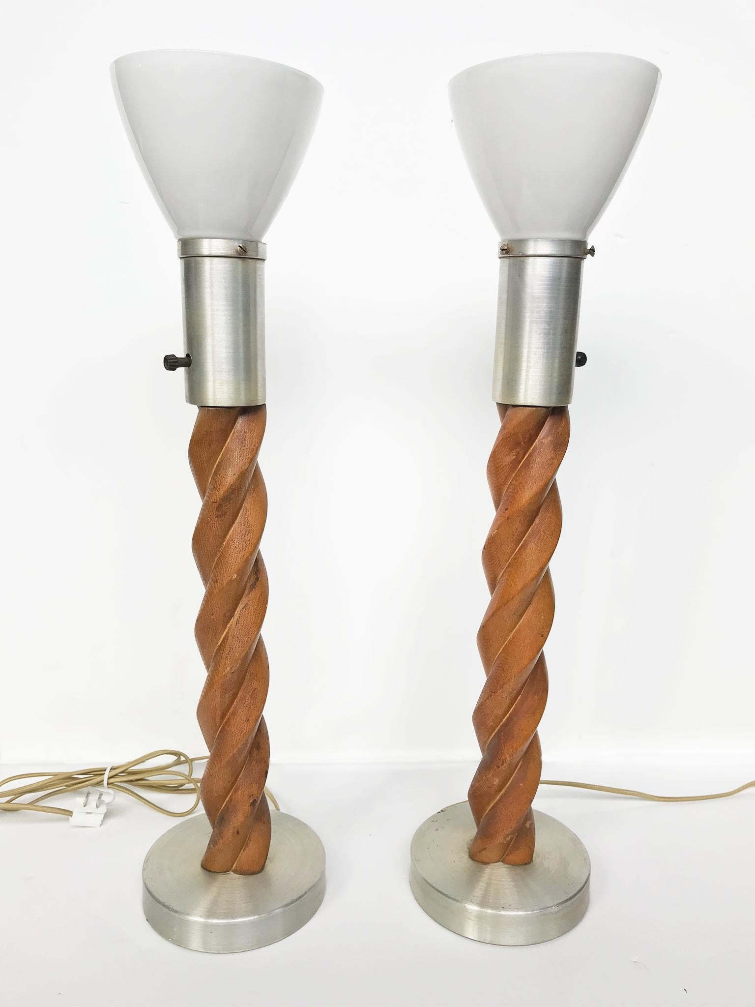 Mid-Century Modern Pair of Midcentury Russel Wright Spiral Oak Table Lamps