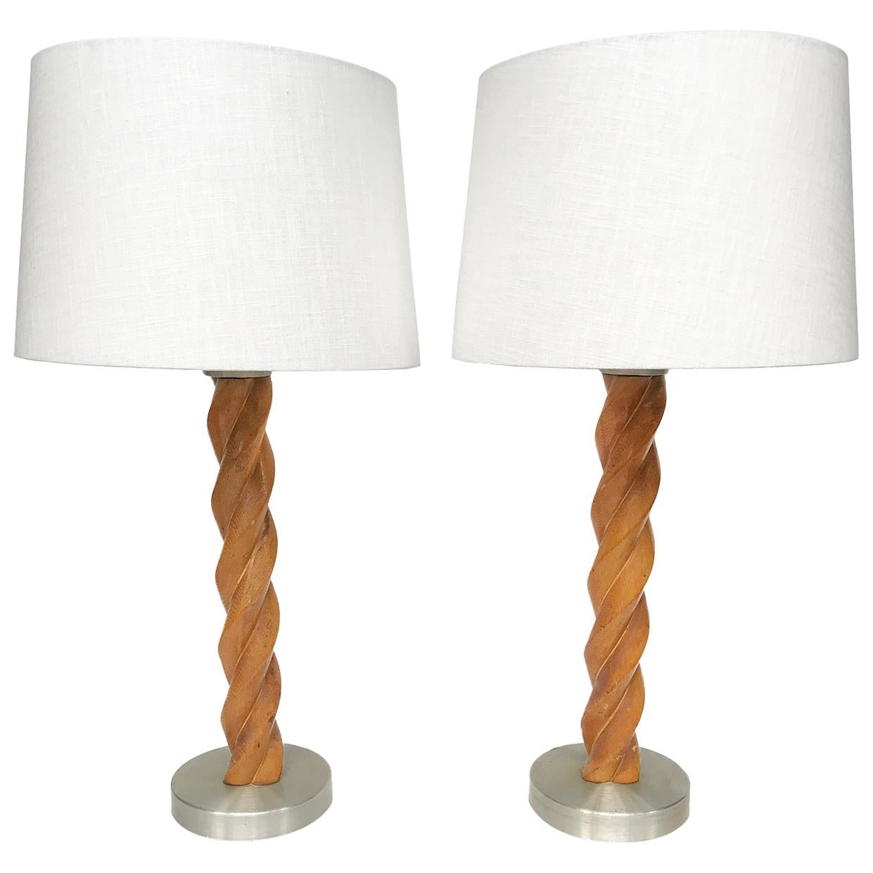 Pair of Midcentury Russel Wright Spiral Oak Table Lamps