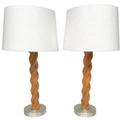 Pair of Midcentury Russel Wright Spiral Oak Table Lamps