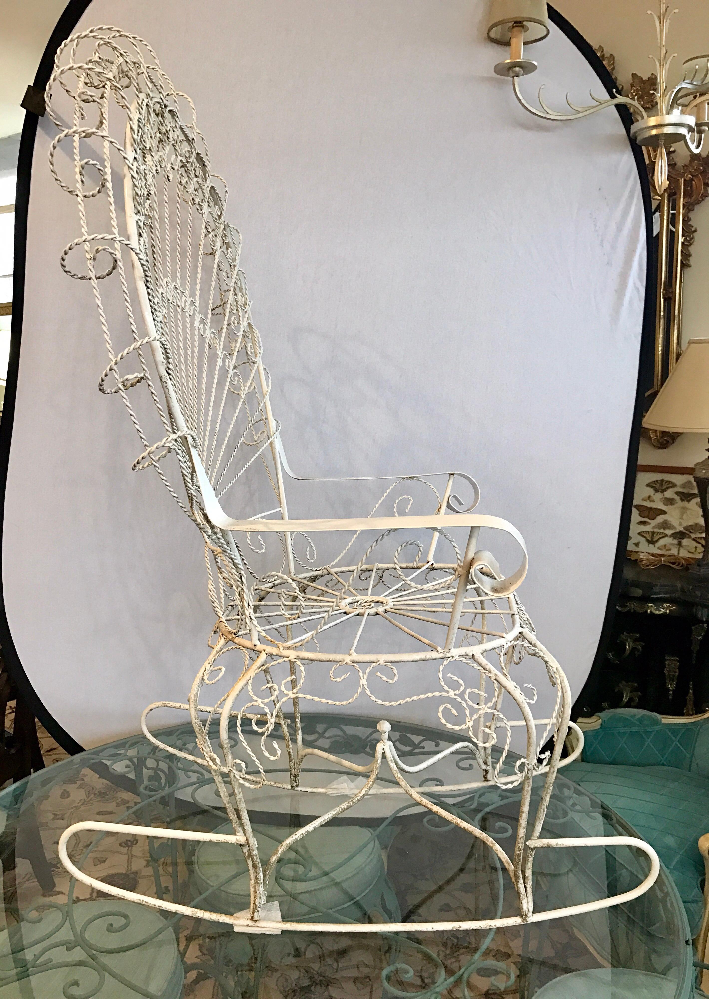 Pair of Midcentury Salterini White Wrought Iron Peacock Chair and Rocker Set 4