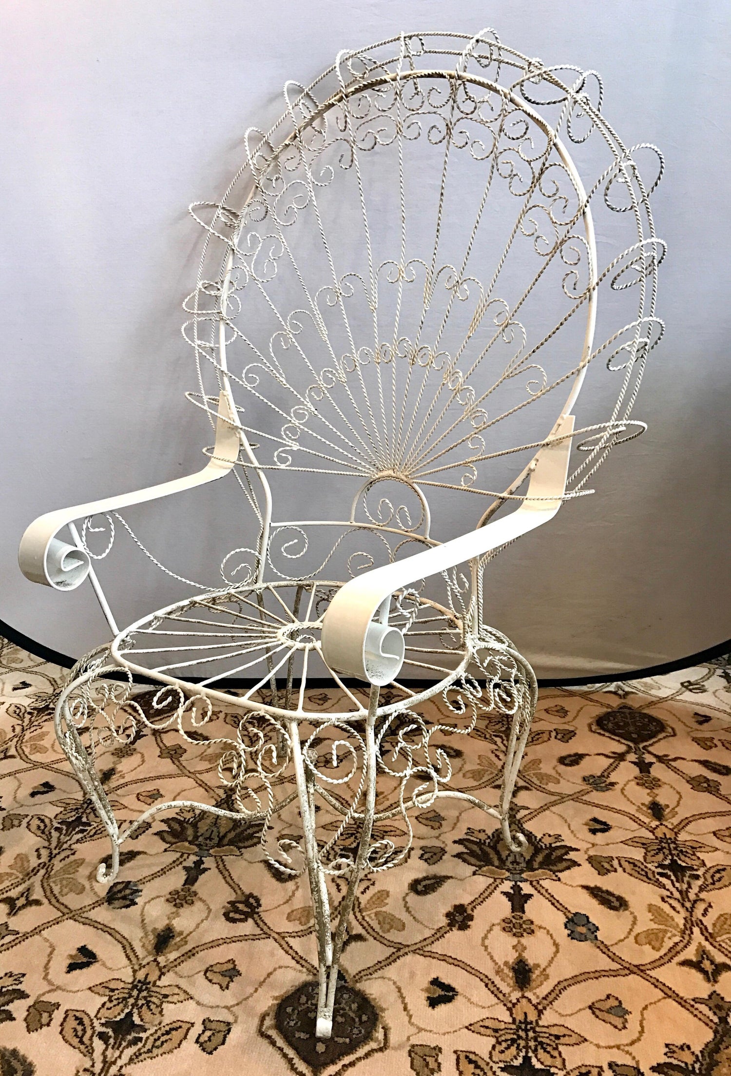 Pair Of Midcentury Salterini White Wrought Iron Peacock Chair And