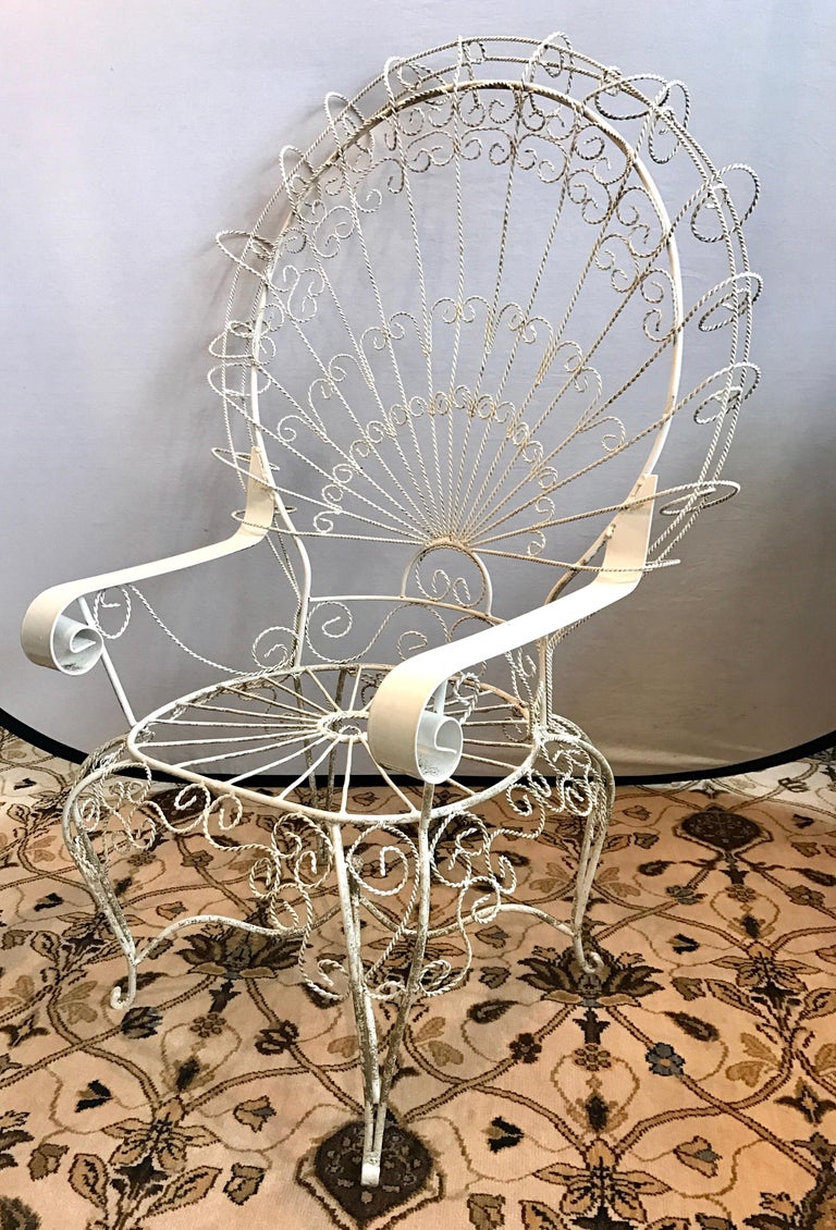 Pair of Midcentury Salterini White Wrought Iron Peacock Chair and