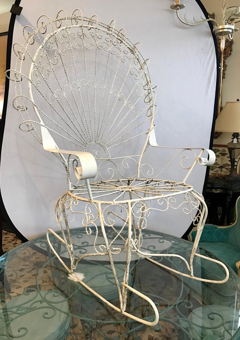 Pair Of Midcentury Salterini White Wrought Iron Peacock Chair And