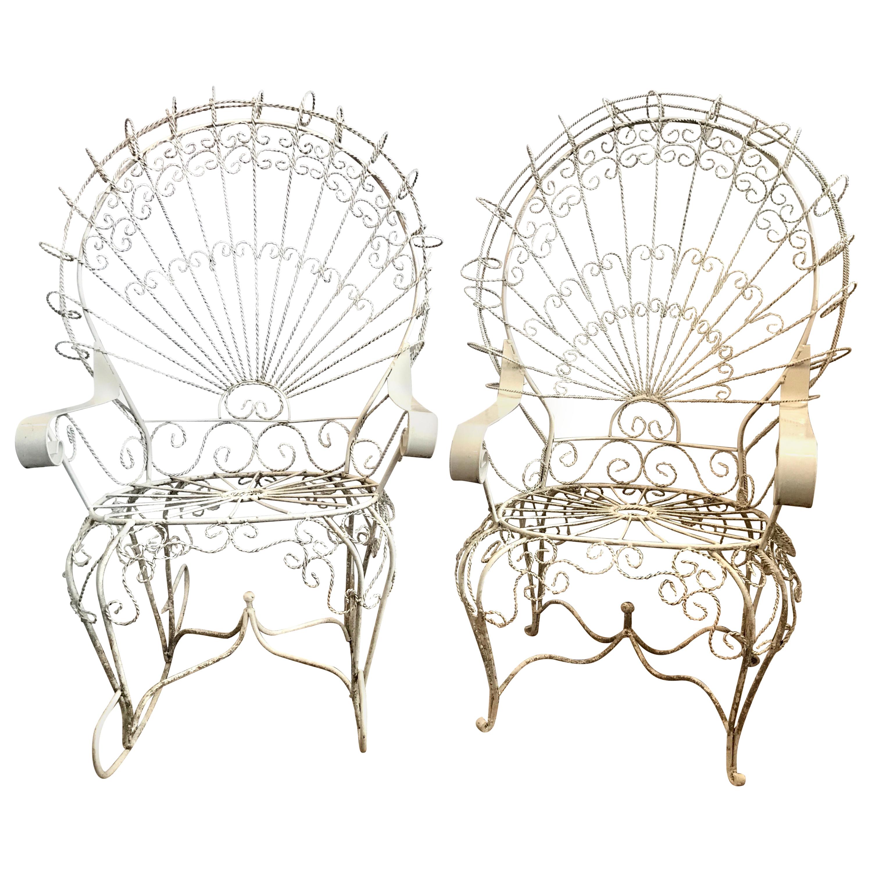 Pair of Midcentury Salterini White Wrought Iron Peacock Chair and Rocker Set
