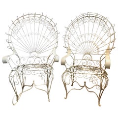 Pair of Midcentury Salterini White Wrought Iron Peacock Chair and Rocker Set