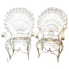 Retro Pair of Midcentury Salterini White Wrought Iron Peacock Chair and Rocker Set