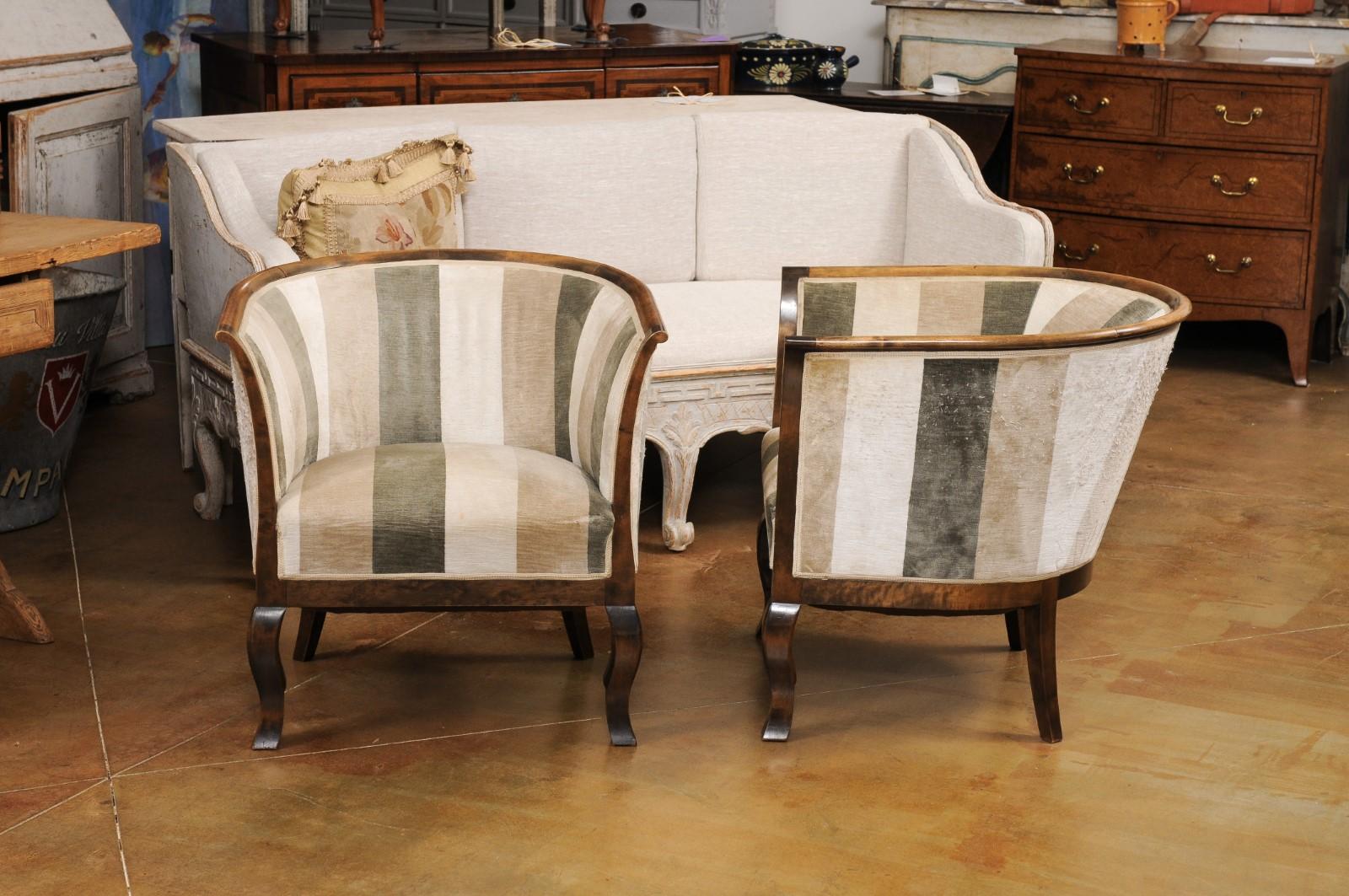 Pair of Midcentury Scandinavian Birchwood Horseshoe Back Upholstered Club Chairs For Sale 4