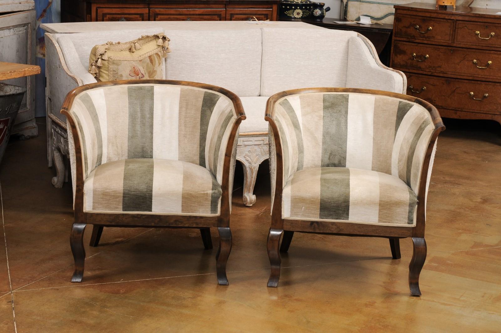 Pair of Midcentury Scandinavian Birchwood Horseshoe Back Upholstered Club Chairs For Sale 5