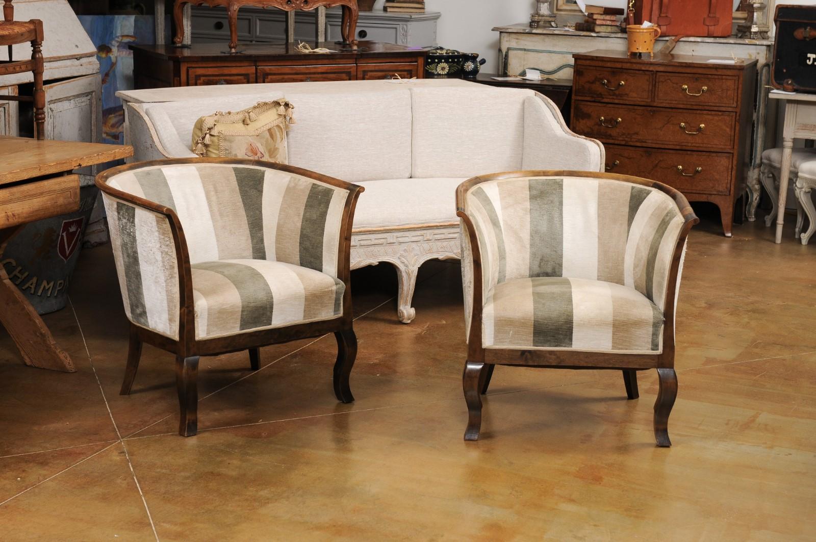 Mid-Century Modern Pair of Midcentury Scandinavian Birchwood Horseshoe Back Upholstered Club Chairs For Sale