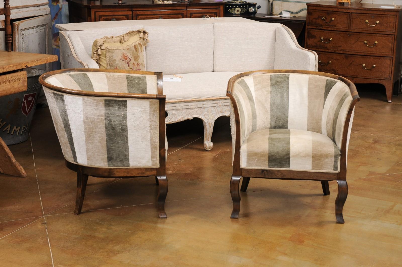 Upholstery Pair of Midcentury Scandinavian Birchwood Horseshoe Back Upholstered Club Chairs For Sale