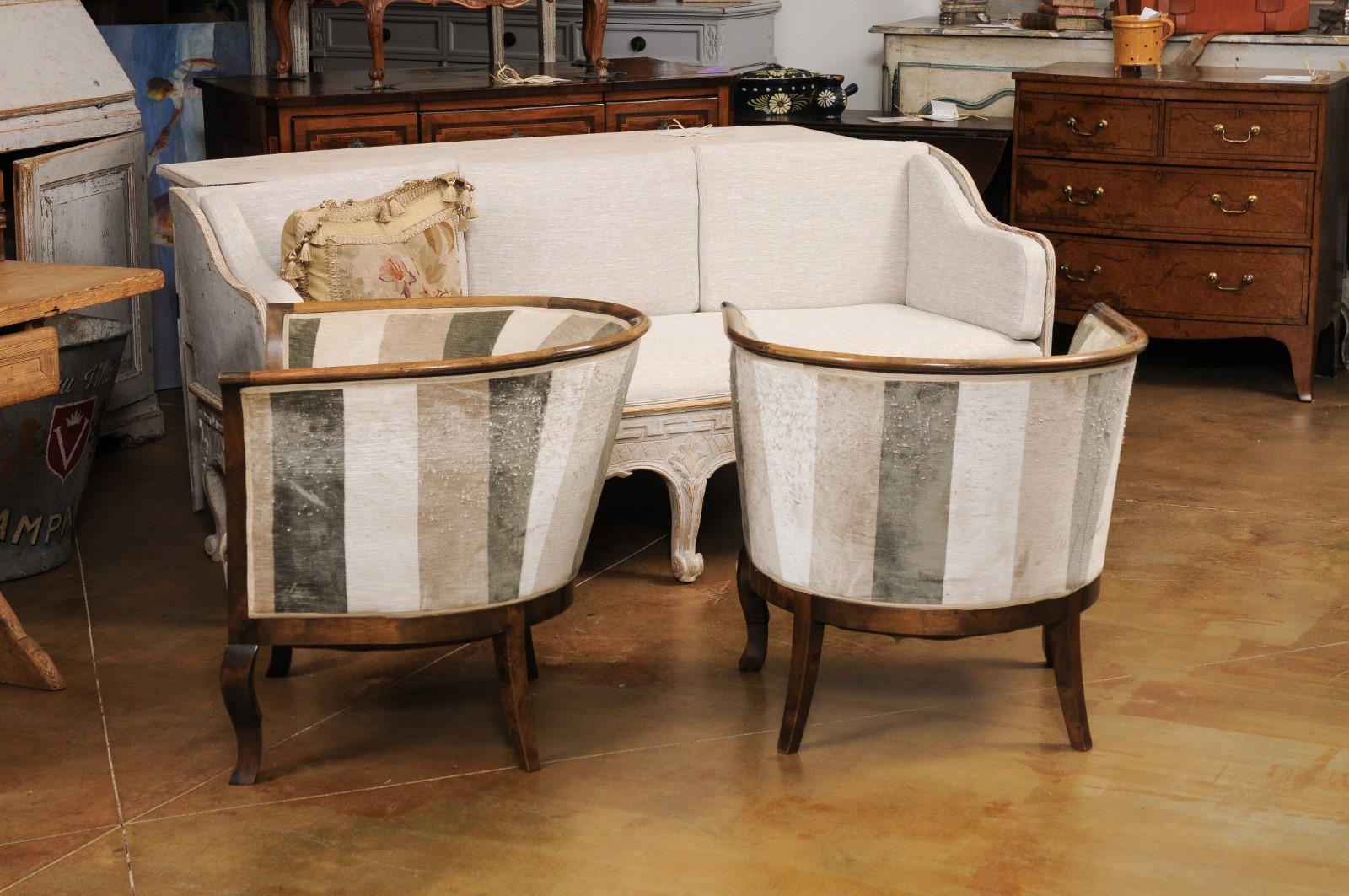 Pair of Midcentury Scandinavian Birchwood Horseshoe Back Upholstered Club Chairs For Sale 3