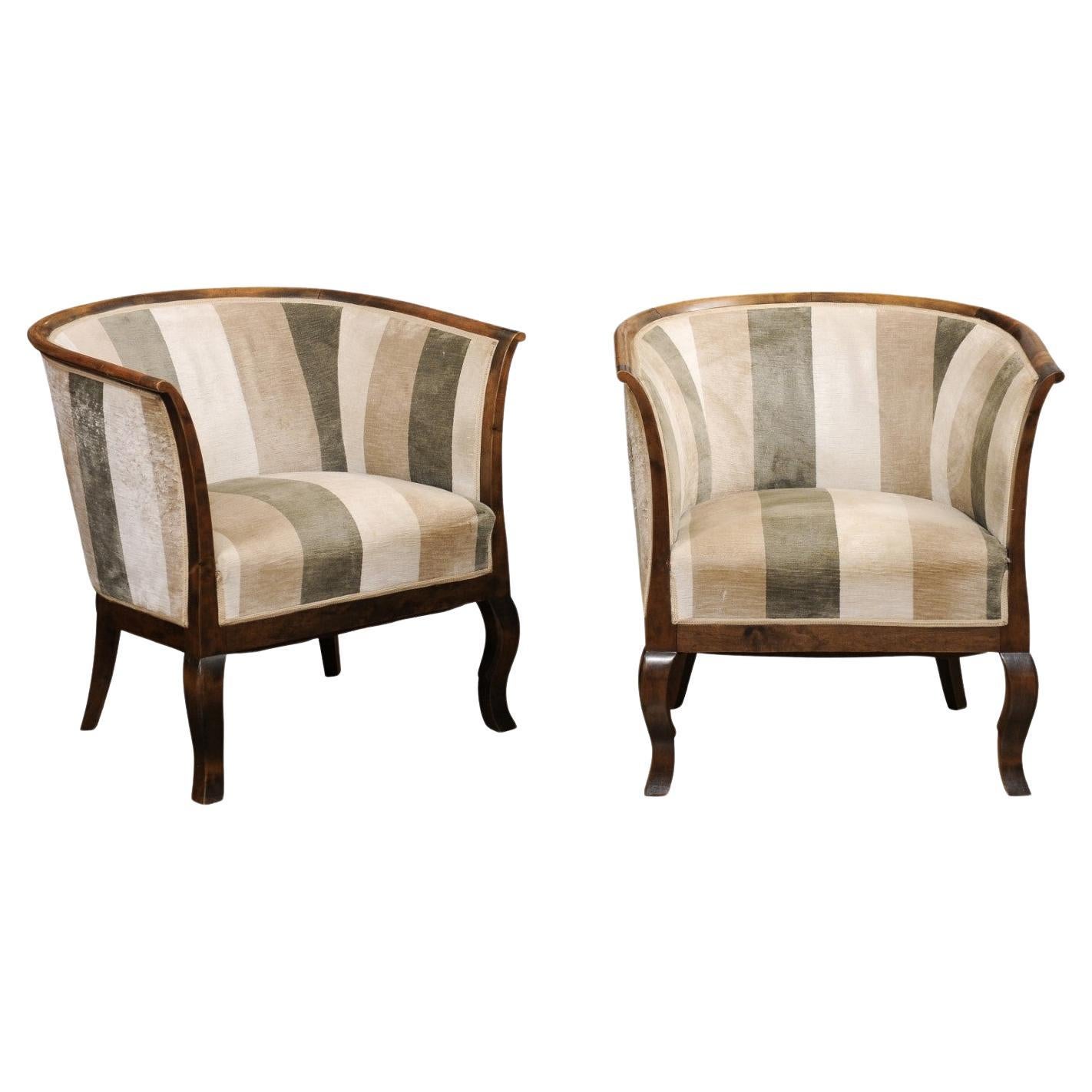 Pair of Midcentury Scandinavian Birchwood Horseshoe Back Upholstered Club Chairs For Sale