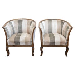 Pair of Midcentury Scandinavian Birchwood Horseshoe Back Upholstered Club Chairs