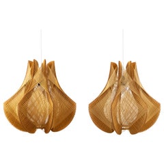 Pair of Midcentury Scandinavian Style Chandeliers in Wood and Raffia, 1970