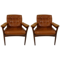 Pair of Midcentury Scandinavian Wood and Leather Armchairs by Gote Möbel