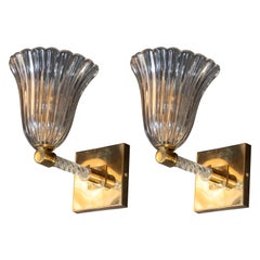 Pair of Midcentury Sconces in Brass & Handblown Murano Glass by Barovier e Toso