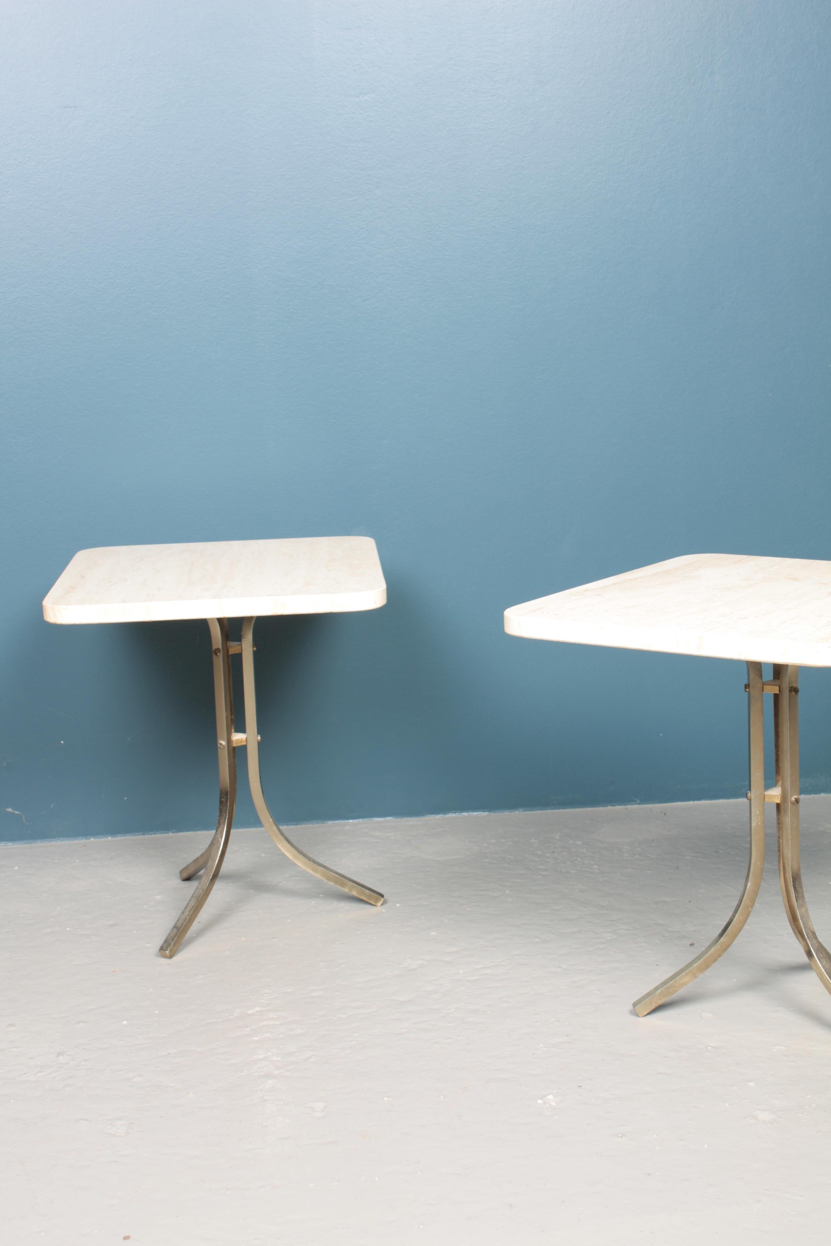 Danish Pair of Midcentury Side Tables in Brass and Travertine, 1960s For Sale