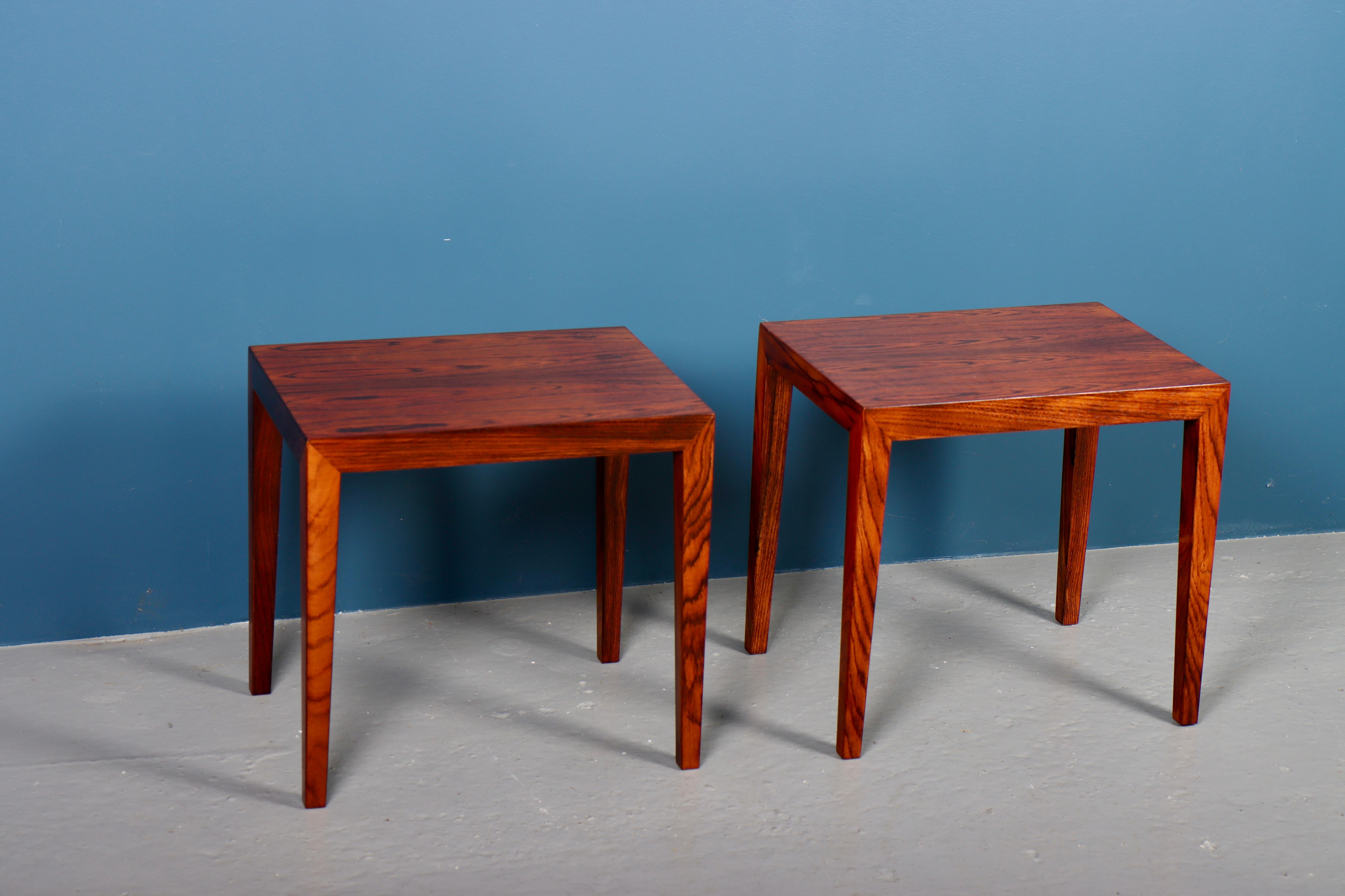 Pair of side tables in rosewood designed by Severin Hansen Jr. and made by Haslev Furniture Denmark, great original condition.